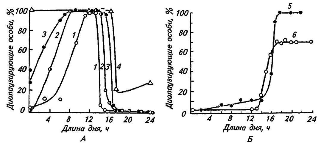 Рисунок 182. Изменение числа диапаузирующих особей под влиянием фотопериода у длиннодвевных (А) и короткодневных видов (Б) (по Данилевскому, 1965)